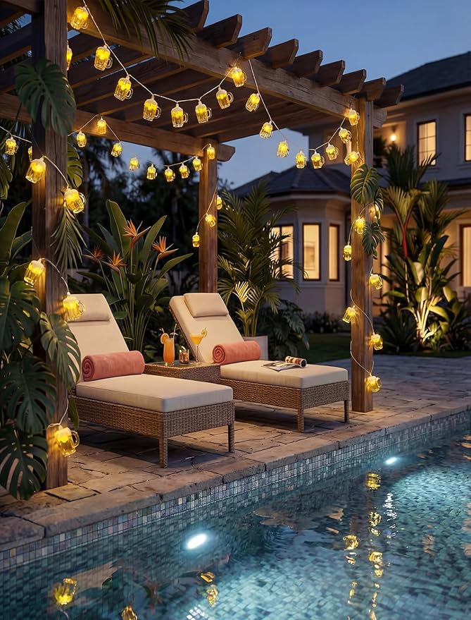Beer Mug String Lights, 8.5FT 10 LED Summer Lights with UL Certified Plug, Waterproof Tropical Party Decorations for Patio, Warm White Hawaiian String Lights for Garden Backyard Bedroom Bar Decor
