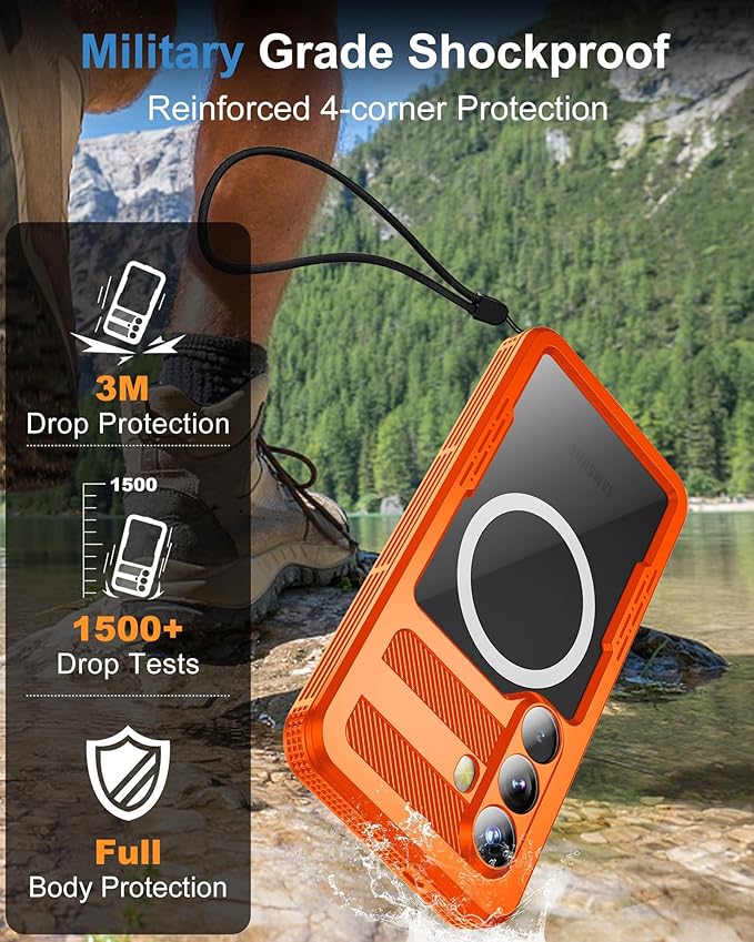 for Samsung Galaxy S26+ Plus Waterproof Case, [Fit for Magsafe] [IP68 Water Proof] [Built-in Screen Protector], Magnetic Heavy Duty Military Grade Rugged Phone Case for S 26+ Plus 6.7", Orange