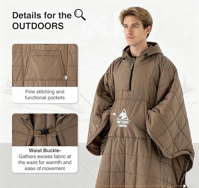 ONETIGRIS Camping Blanket Poncho with with Recycled Synthetic Insulation,Wearable Hoodie Blanket | Ultralight Water-Resistant Warm Camping Blanket for Outdoor, Hiking, Stadium
