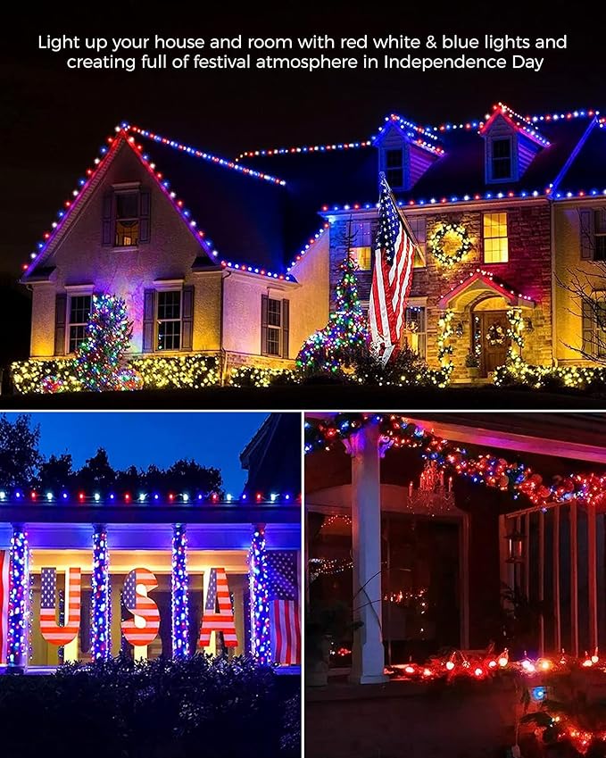 Brightown Red White Blue Battery Operated Mini String Lights with 8 Modes- 2 Pack 18 Feet 50 LED Independence Day Decoration Waterproof, Timer for Patriotic Xmas Holiday Party Outdoor Indoor
