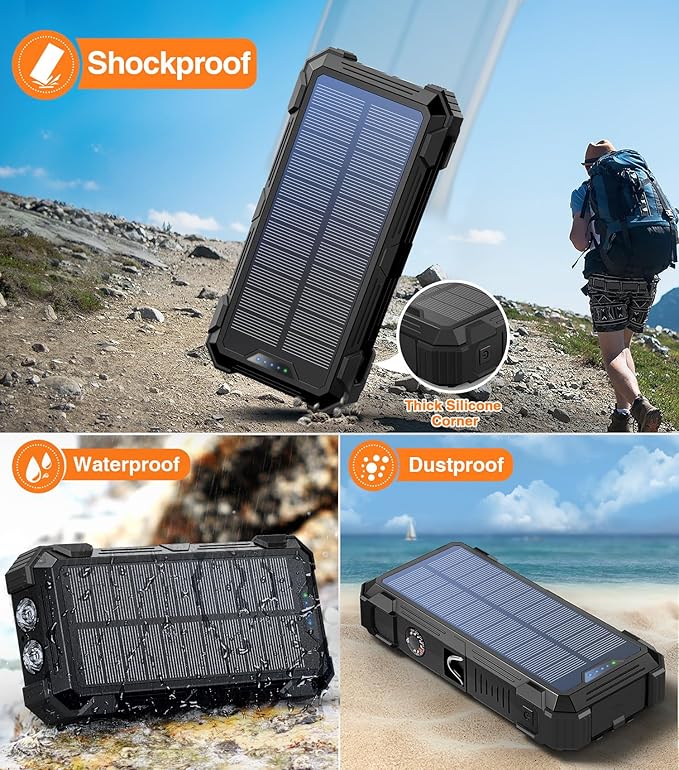 Sudrov Solar Charger Power Bank, 42800mAh Wireless Portable Charger with USB-C in/Output, QC3.0 Fast Charging 15W 4 Ports Outdoor Battery Pack Built-in LED Flashlight, for iPhone, Galaxy, iPad etc