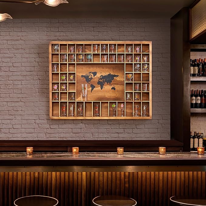 Large Shot Glass Display Case with World Map,60 Slots, 34 X 26 Inch Rustic Wood Shot Glass Display Cabinet for 2 Size -In Rooms Bars Wine Cellars with Shot Glasses Jewelry Shell & Keepsakes