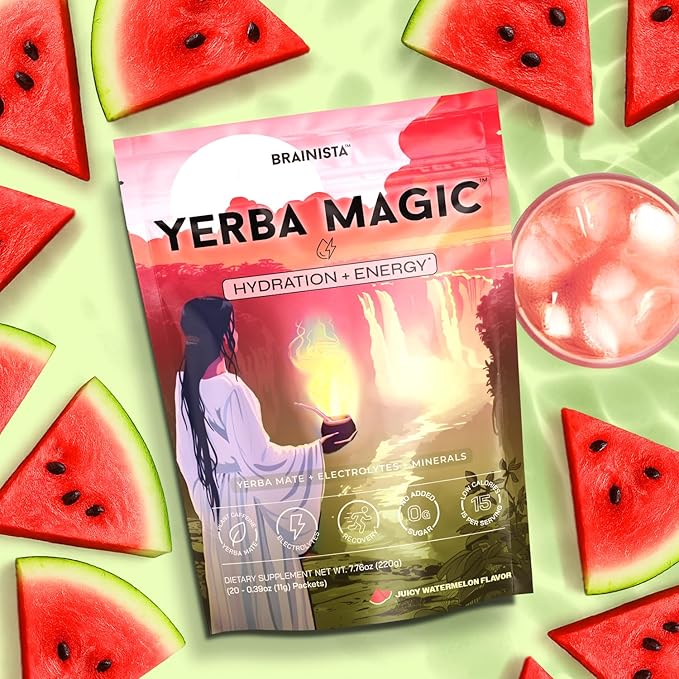Yerba Magic Hydration + Energy - Juicy Watermelon with Electrolytes, Yerba Mate Caffeine, Sea Moss, Amino Acids & Coconut Water for Hydration, Muscle Recovery & Clean Energy - Zero Sugar (20 Stick Packs)