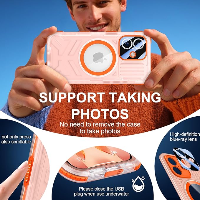 SPIDERCASE Magnetic for iPhone 17 Case Waterproof,[Built-in Screen & Camera Protector] [IP68 Underwater] 12FT Military Shockproof, Dustproof, Anti-Scratched Phone Case,Orange/Clear
