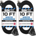 Iron Forge Cable 2 Pack 10 Ft Black Extension Cord with 3 Outlets - 16/3 SJTW 10 Foot Extension Cord 3 Prong, Weatherproof Power Cable for Outdoor