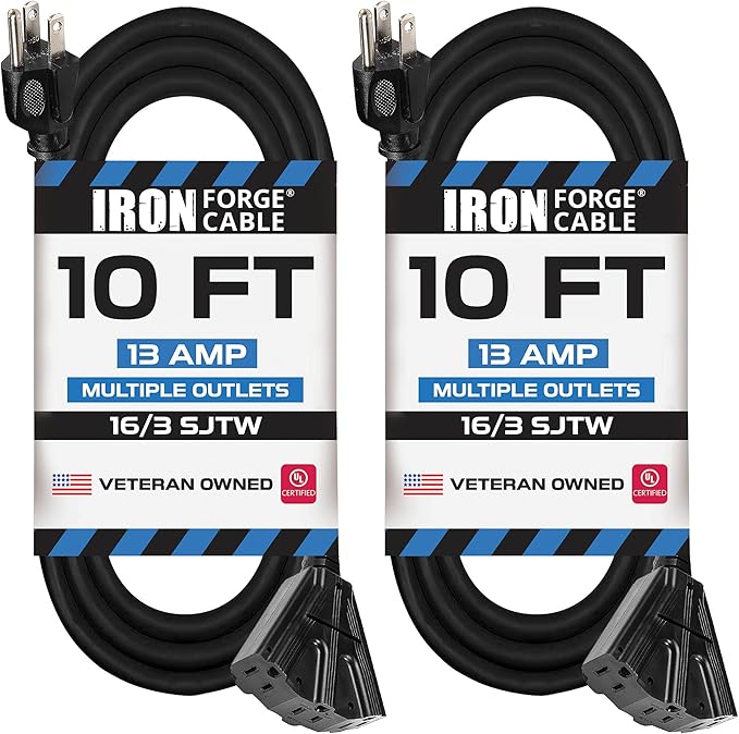Iron Forge Cable 2 Pack 10 Ft Black Extension Cord with 3 Outlets - 16/3 SJTW 10 Foot Extension Cord 3 Prong, Weatherproof Power Cable for Outdoor