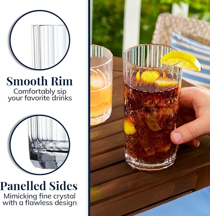 US Acrylic Faceted Clear Plastic Reusable Drinking Glasses (Set of 8) 14oz Rocks & 18oz Water Cups, BPA-Free Tumblers, Made in USA, Top-Rack Dishwasher Safe