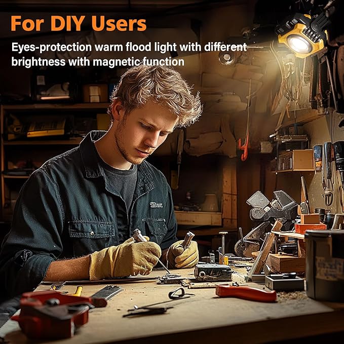 Samyoung 2-Pack 2400LM Magnetic Rechargeable Work Light, Dual-Sided LED Work Light, Up to 80 Hours Runtime, Stepless Dimming 2700K-8000K, Magnetic Flashlight with 360° Rotating Stand, Hook, Yellow