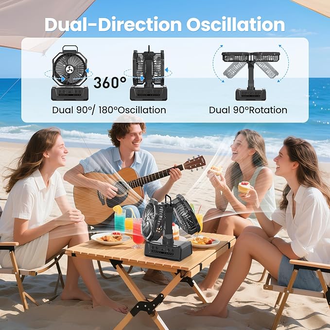 Dual Head Portable Rechargeable Fan 20000mAh Battery Powered Fan Camping Cordless with 360° Air Delivery, LED Lantern & Remote, Auto Oscillation, Battery Operated for Tent Office Travel Picnic Jobsite