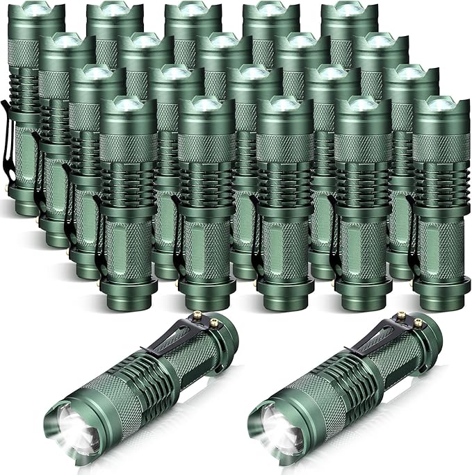 Fumete 20 Pieces LED Flashlight Mini 3 Mode Tactical Torch Small Water Resistant Pocket Flash Light Adjustable Focus Light Pen for Men, Father, Indoor Outdoor Hiking(Dark Green)