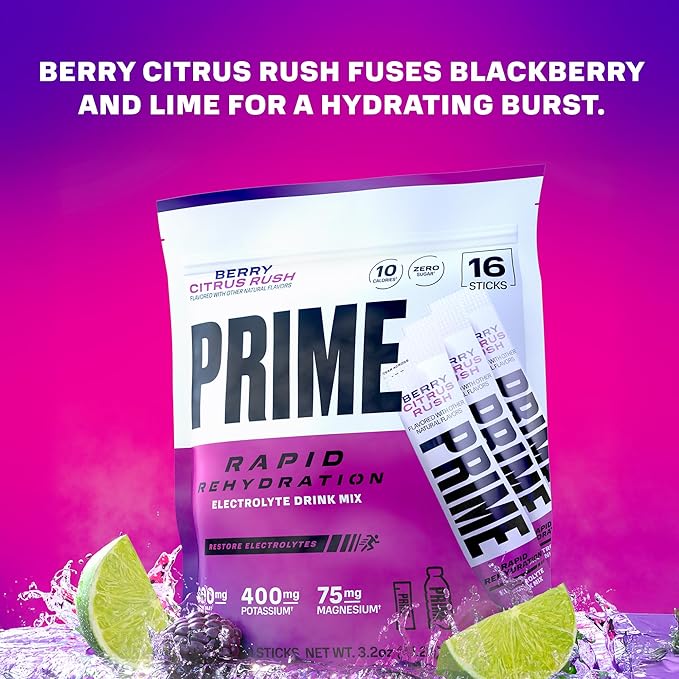 PRIME Rapid Rehydration Electrolyte Powder Sticks, Berry Citrus Rush, Sugar Free Hydration Drink Mix with Sodium, Potassium, Magnesium & B Vitamins to Replenish Fluids, Caffeine Free, 16 Count