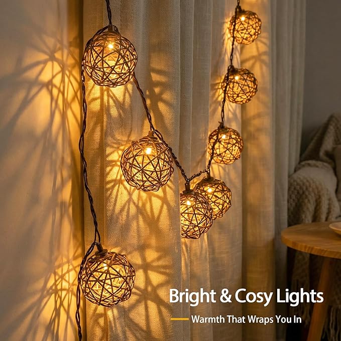 Vigdur Rattan Ball String Lights, Boho Lantern String Lights with 10 Led Bulbs Connectable, Indoor Outdoor String Light for Bedroom Wedding Garden Party Backyard Decor, 9.84FT