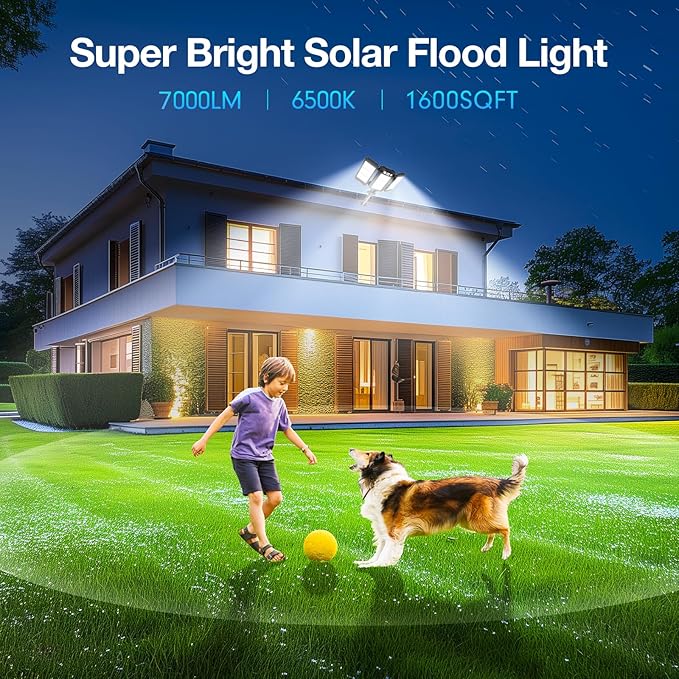 Solar Lights Outdoor, 7000 LM Super Bright Dual Motion Sensor Lights, Aluminum Arm 3 Heads Dusk to Dawn LED Outdoor Flood Lights, IP65 Waterproof Solar Security Light with 3 Modes Yard Street-2 Pcs