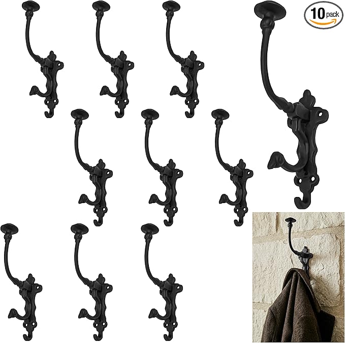 Mystic Colonial Rustic Cast Iron Wall Hooks – Heavy Duty Vintage Utility Hooks for Hanging Coats, Towels, Bags, Robes, Hats & More – Large Decorative Wall Mount Hanger, Pack of 10, Black