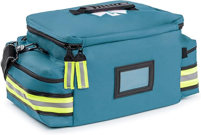 Scherber First Responder Fully-Stocked Professional Essentials EMT/EMS Trauma Kit | HSA/FSA Approved | Reflective Bag w/8 Zippered Pockets & Compartments & 200+ First Aid Supplies - Blue