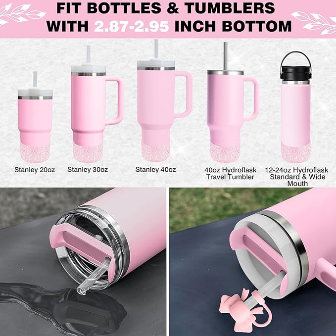 9PCS Pink for Stanley Cup Accessories Set Bling Initials Bow Charms for Stanley Decorations 30/40 Oz Tumbler Accessories Including Bow Straw Topper, Handle Strap, Spill Stopper（Letter T）
