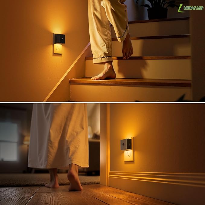 L LOHAS LED Motion Sensor Night Light, [4-Pack] Motion Activated Night Light, Motion Sensor and Dusk to Dawn Sensor, Brightness Adjustable,Amber Nightlight for Bathroom Hallway Kitchen