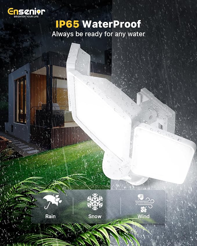 Ensenior Solar Security Lights, Wide Beam Flood Light 6500K Super Bright for Driveway Backyard Garden, Remote Control Motion Lights, Weather-Resistant Exterior Lighting, 1800LM Lumen, White, 2-Pack