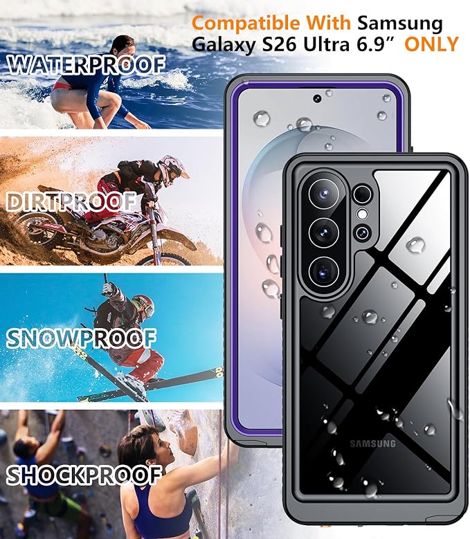 Temdan Designed for Samsung Galaxy S26 Ultra Case Waterproof, Built-in Lens & Screen Protector Military Grade Shockproof Dropproof IP68 Underwater Full Body Phone Case for Galaxy S26 Ultra 6.9"-Purple