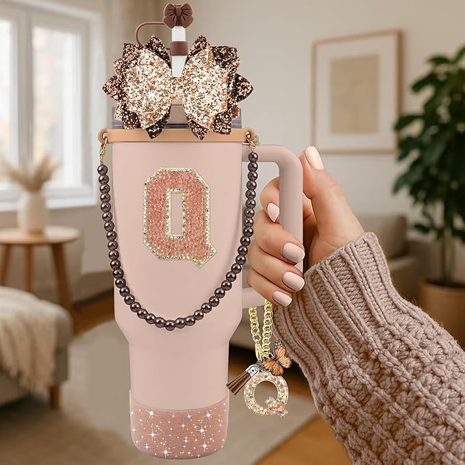 9PCS Brown for Stanley Cup Accessories Set Bling Initials Bow Charms for Stanley Decorations 30/40 Oz Tumbler Accessories Including Bow Straw Topper, Handle Strap, Spill Stopper（Letter Q）