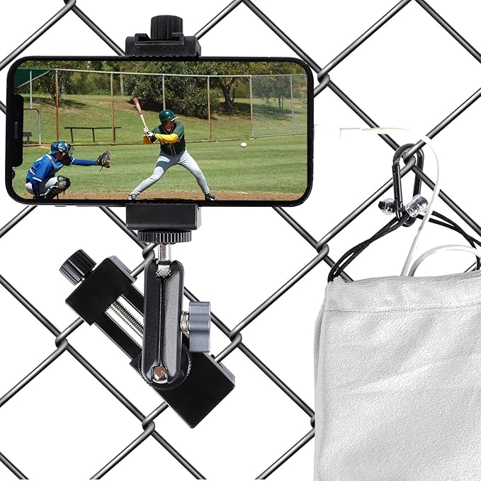 Cell Phone Fence Mount for iPhone, GoPro, Insta360, and Other Action Cameras, Mevo Start for Baseball Softball Tennis Recording, Cameras Net Chain Link Fence Clip Mount Holder