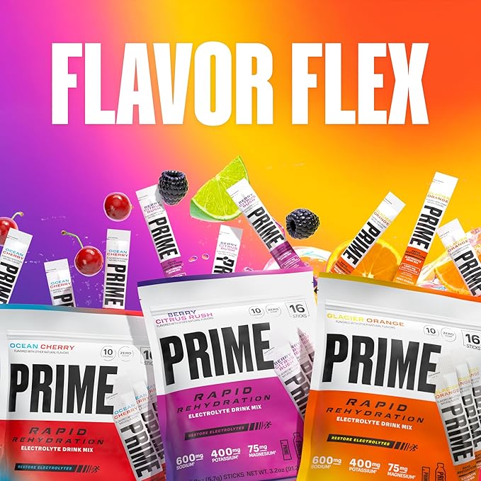 PRIME Rapid Rehydration Electrolyte Powder Sticks, Glacier Orange, Sugar Free Hydration Drink Mix with Sodium, Potassium, Magnesium & B Vitamins to Replenish Fluids, Caffeine Free, 16 Count