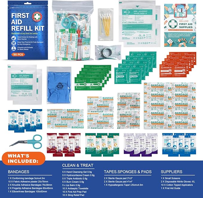 SuccorWare 90 Pieces First Aid Refill Kit - Wound Care Kit Includes Bandages for Home, Travel, Hiking - Portable Replacement Kit for First Aid Medical Supplies（1 Set）