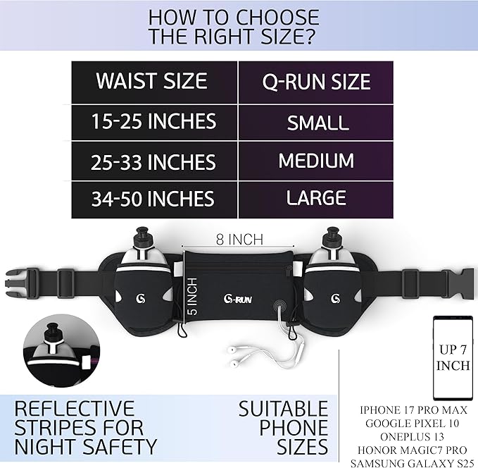 Q-RUN Hydration Running Belt with Bottles - Water Belts for Woman and Men - iPhone Belt for Any Phone Size - Fuel Marathon Waist Pouch for Runners - Jogging Cycling Biking, Black