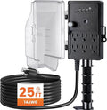 SURAIELEC Outdoor Power Stake, Dusk to Dawn Light Timer, 25FT Extension Cord Multiple Outlet, 6 Electrical Outlets Power Strip Weatherproof for Patio Light, Garden, Christmas Decoration, Outdoor Light