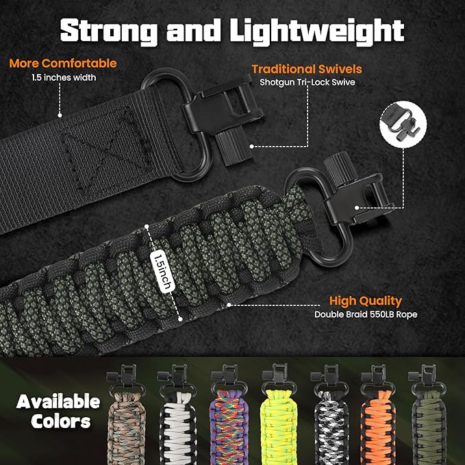Double Braide 550LB Shotgun Sling 2 Point Paracord Rifle Sling,Non-Slip Traditional Adjustable Gun Sling for Hunting Shooting Camping