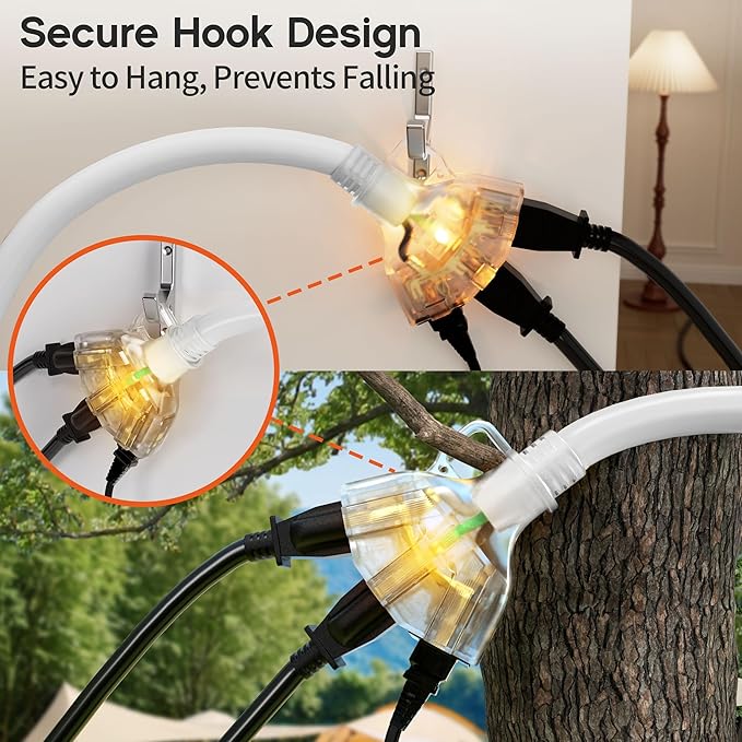 25 ft 12 Gauge Heavy Duty 3 Outlet Extension Cord Splitter with Indicator, Waterproof Outdoor Extension Cord with Multiple Outlets, 15A 1875W for Small Appliances, ETL Listed, White SJTW