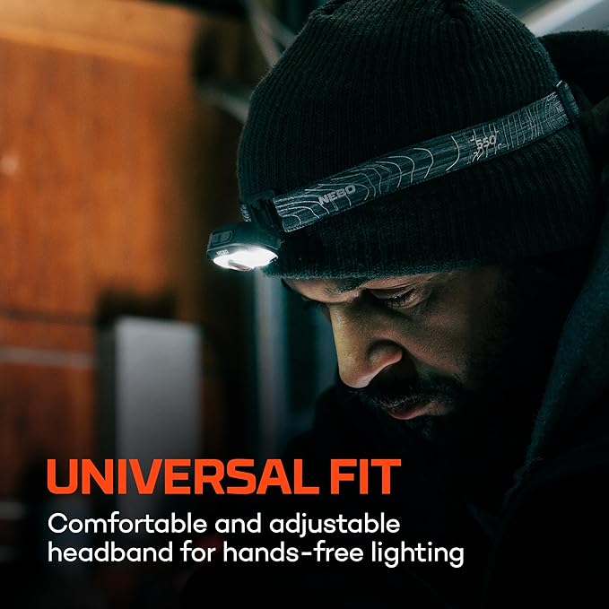 NEBO MYCRO 550+ Rechargeable Headlamp | 550 Lumens, 7 Light Modes, Water Resistant, Detachable Hat Clip, Super Bright Head Lamp for Camping & Hiking, Includes USB Charging Cable – Gray