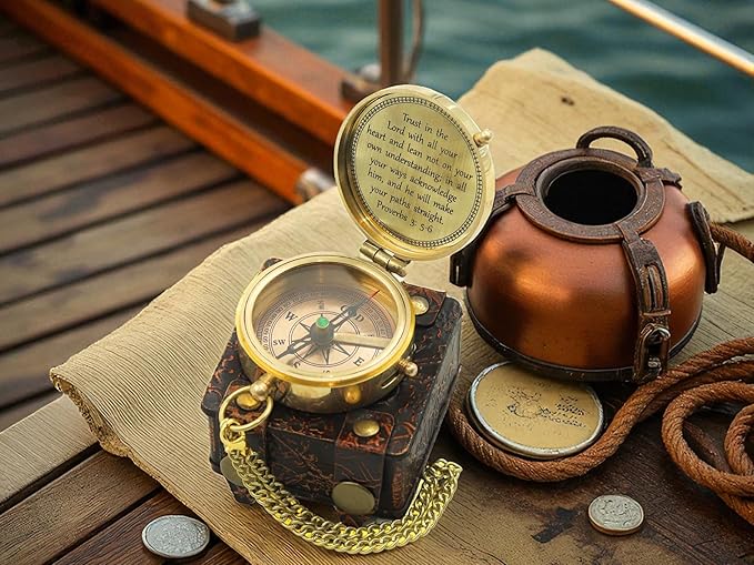 Handmade Brass Antique Compass with Leather Case – Vintage Finish Functional Pocket Navigation Tool for Travel, Hiking & Gift