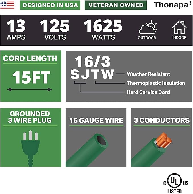 Thonapa Weatherproof Green Extension Cord 15 ft 3 Outlets, 16/3 SJTW Outdoor Extension Cord with Multiple Outlets 15 Foot, 13 AMP Exterior Electric Cable 3 Way Plug for for Outdoor Lights, Landscaping
