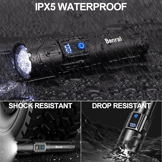 Banral Rechargeable Tactical Flashlights 2000 High Lumens - 5000mAh Super Bright LED Powerful Flash Light, Waterproof Handheld USB C Flashlight for Home,Car,Camping,Emergencies,5 Modes (1, Black)