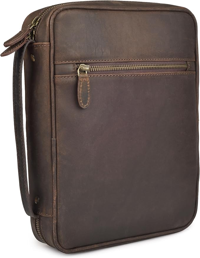 LEATHER VILLAGE Genuine Leather Bible Cover with Zipper for Men & Women - Large Bible Case Carrying Bag Book Cover & Organizer with Handle and Pockets - Leather Bible Covers for Church Study - Brown