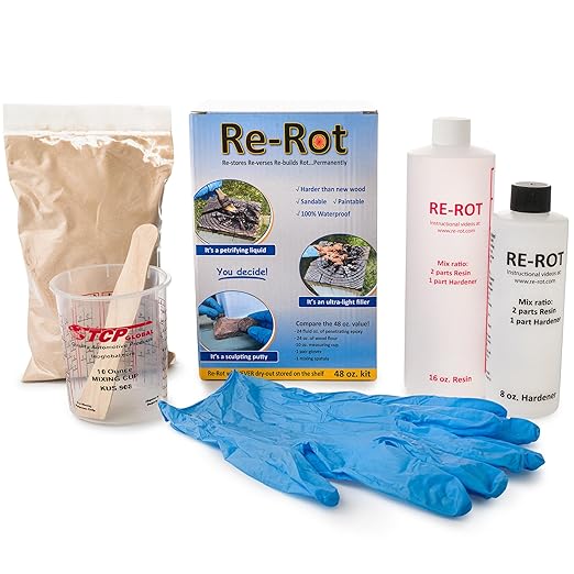 Re-Rot 48 Volume oz Kit - 24oz 2 Component Liquid / 24oz Filler - Repairs Rot Quickly & Easily, Restores Strength, Rebuilds Missing Wood - Rapid Drying - Sandable/Paintable - 3 Products in 1