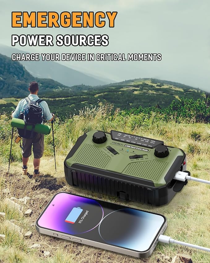 PRUNUS J-369 11100mWh Emergency Weather Radio, AA Batteries/Hand Crank/Solar/USB Charging, NOAA/AM/FM, LED Flashlight and Reading Lamp,SOS Alarm & Flashlight Portable