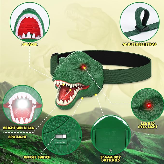 Nitigo Dinosaur Headlamp for Kids Flashlight Led Headlights Roar & Silent Mode, T-Rex Dinosaur Toys for Kids 3-5 4-6 5-7 6-8, Camping Gear, Easter Gifts for Boys Girls Adults