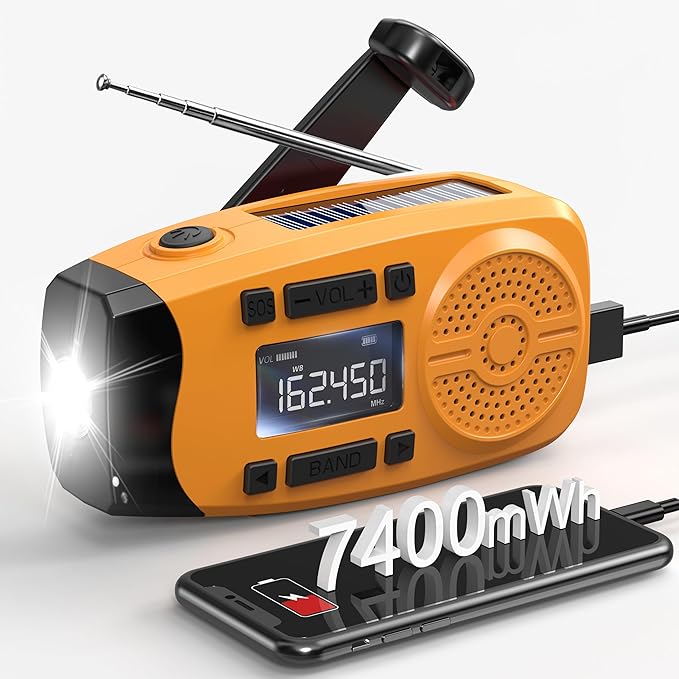 Runningsnail Emergency Weather Radio, 7400mWh Hand Crank Emergency Radio with LCD Display, Support Weather Alert Radio, USB/Solar/Hand Crank,1W Flashlight&SOS Alarm for Outdoor&Home Emergency (Orange)