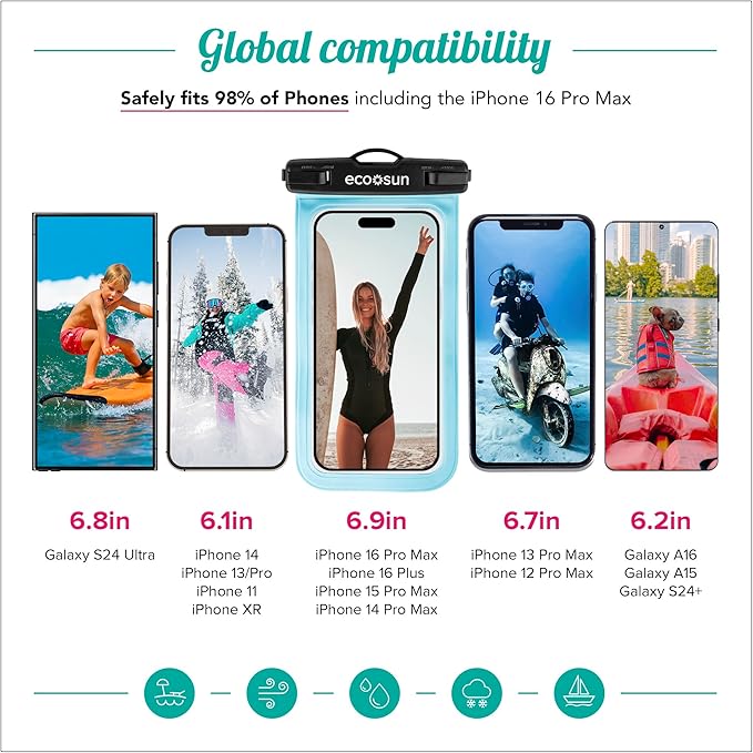 Eco Sun Waterproof Phone Pouch & Floating Wrist Strap Bundle (2-Pack Each) – Waterproof Phone Case + Float Strap – Travel & Beach Essentials Designed in Hawaii – Fits iPhone 17 Pro Max, GoPro, Cameras