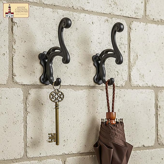 Mystic Colonial Rustic Cast Iron Wall Hooks Heavy Duty Vintage Utility Hooks for Hanging Coat, Bag, Towel, Robe, Hat & More Decorative Wall Mount Hanger, Pack of 2, Black