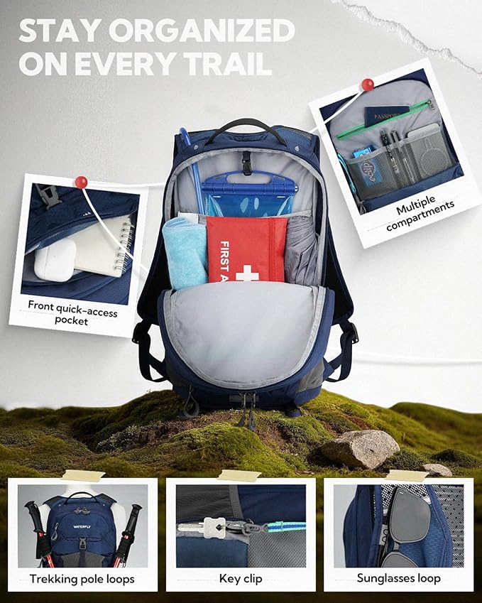 WATERFLY Small Lightweight Hiking Backpack: 20L Outdoor Daypack with Phone Pocket, Hydration Compatible, Breathable Backpanel, Multi-Compartment for Camping Trekking Travel Women Men