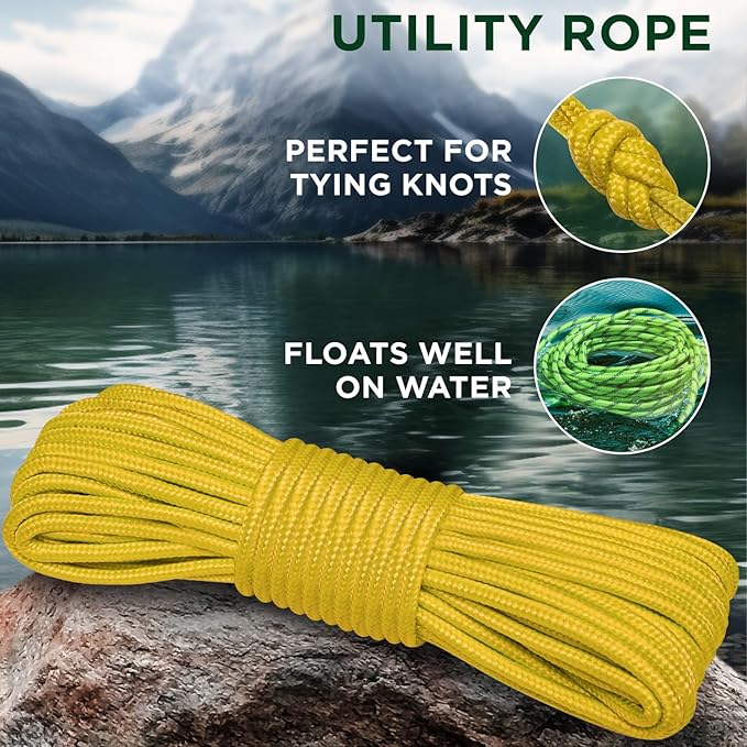 TECEUM Rope – 90 Feet x 1/4 Inch (7mm) – Yellow – Strong All-Purpose Utility Rope – Camping, Crafting, Flag Pole, Indoor & Outdoor – Polypropylene Nylon Poly Lightweight Diamond Braided Cord