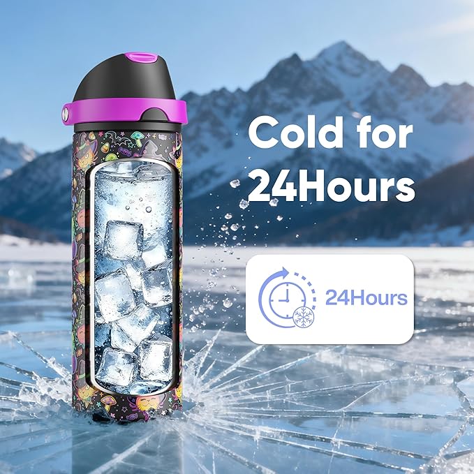 Insulated Water Bottle with Straw - Encool Stainless Steel Water Bottle with Push Button Lid, Leak-Proof & BPA-Free, Keeps Cold for 24 Hours for Sports, Travel, Gym (24 oz, Meowgic Night)