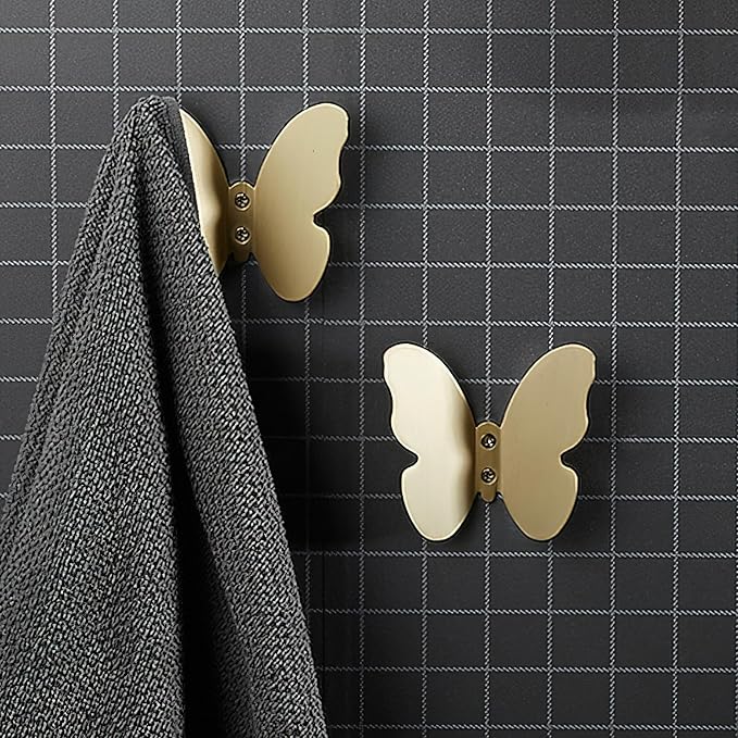 Z metnal Wall Hooks Decorative, Small Modern Gold Brass Hook, Butterfly Bath Towel Hook, Coat Hat Robe Hooks for Girl's Bedroom, Stainless Steel, Wall Mounted, 2 pcs