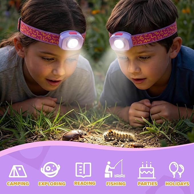 EverBrite LED Headlamp Rechargeable Kids Headlamp with RGB Mode and Adjustable Headband, 3 Modes Multicolor Headlamp for Camping, Reading, Exploring, Halloween, Christmas-2 Pack