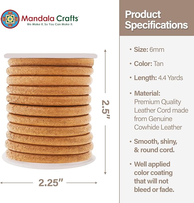 Mandala Crafts Round Genuine Tan Leather Cord for Jewelry Making – 6mm Cowhide Leather Rope String Lace for Kumihimo – 4.4 Yards Cowhide Craft Cording Spool