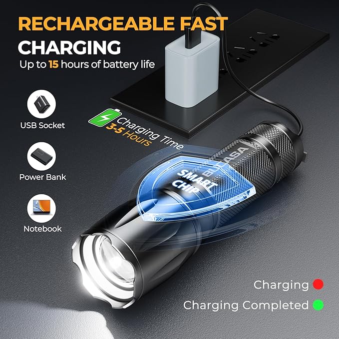 BUCASA 3 Pack Rechargeable Flashlights High Lumens, Brighter Small Flashlight Powerful Tactical Flashlights Rechargeable, Waterproof LED Flashlight with 3 Modes Zoomable for Camping Emergency
