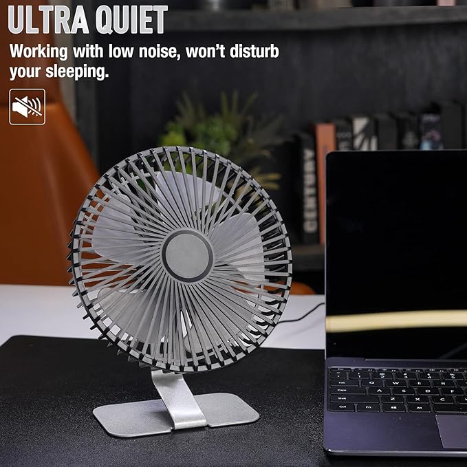 SLENPET 6 inch USB Small Desk Fan, 4 Speeds, Ultra-quiet, 90° Adjustment for Better Cooling, Portable Mini Powerful Desktop Table Fan, Mini Personal Fan for Home Office, Metal Base, Silver